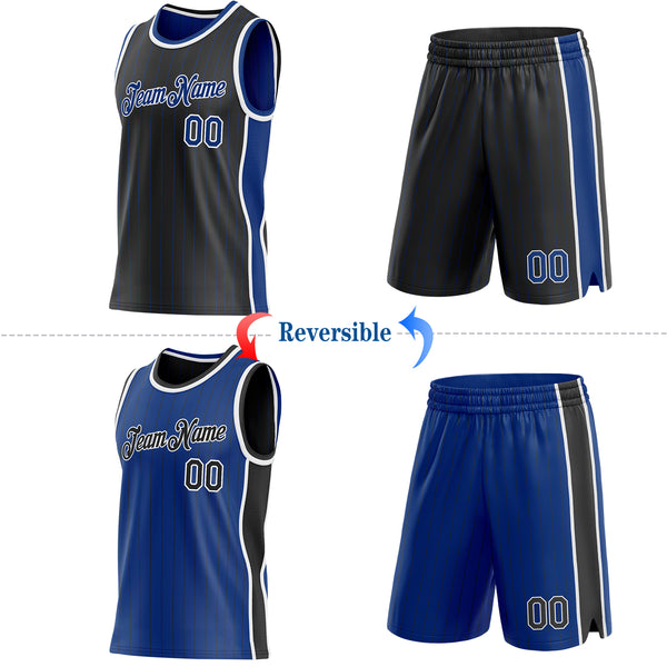 Custom Black Royal Pinstripe-White Side Panels Reversible Double Side Sublimation Basketball Set Jersey