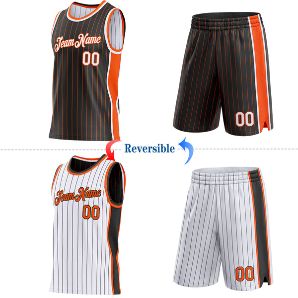 Custom Black Orange Pinstripe-White Side Panels Reversible Double Side Sublimation Basketball Set Jersey