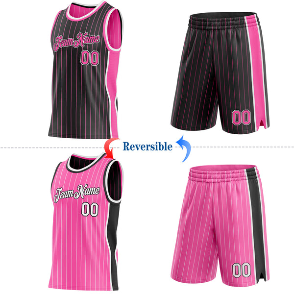 Custom Black Pink Pinstripe-White Side Panels Reversible Double Side Sublimation Basketball Set Jersey