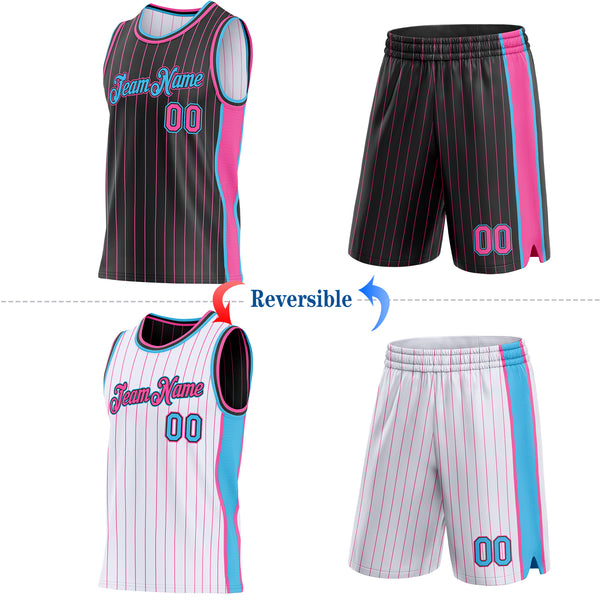 Custom Black Pink Pinstripe-Sky Blue Side Panels Reversible Double Side Sublimation Basketball Set Jersey