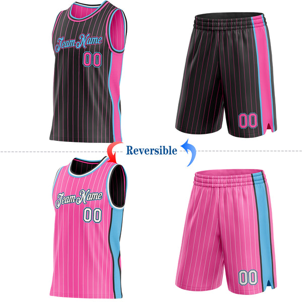 Custom Black Pink Pinstripe-Sky Blue Side Panels Reversible Double Side Sublimation Basketball Set Jersey