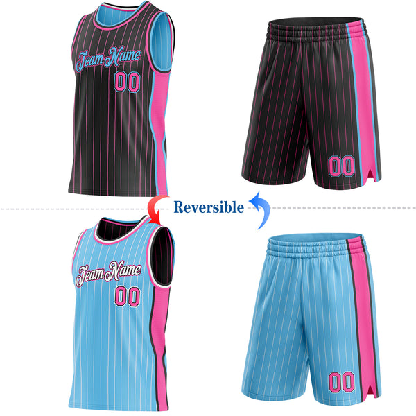 Custom Black Pink Pinstripe-Sky Blue Side Panels Reversible Double Side Sublimation Basketball Set Jersey