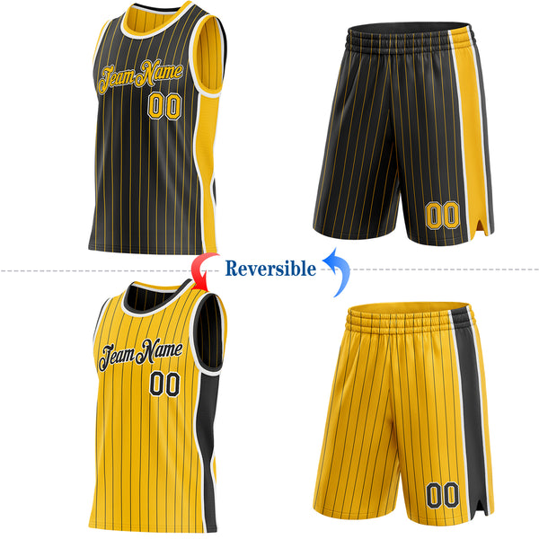 Custom Black Gold Pinstripe-White Side Panels Reversible Double Side Sublimation Basketball Set Jersey