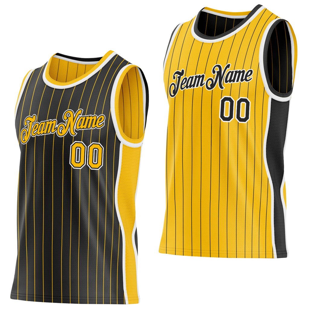 Custom Black Gold Pinstripe-White Side Panels Reversible Double Side Sublimation Basketball Set Jersey