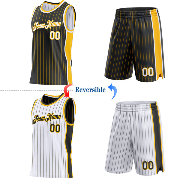 Custom Black Gold Pinstripe-White Side Panels Reversible Double Side Sublimation Basketball Set Jersey