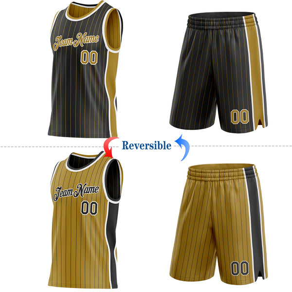 Custom Black Old Gold Pinstripe-White Side Panels Reversible Double Side Sublimation Basketball Set Jersey