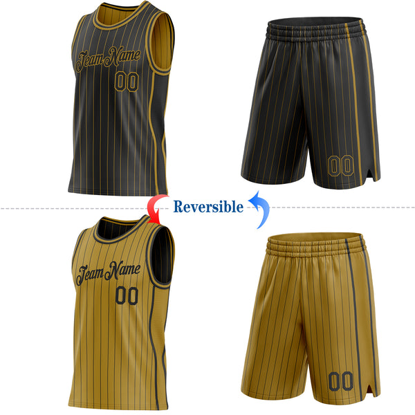 Custom Black Old Gold Pinstripe Side Panels Reversible Double Side Sublimation Basketball Set Jersey