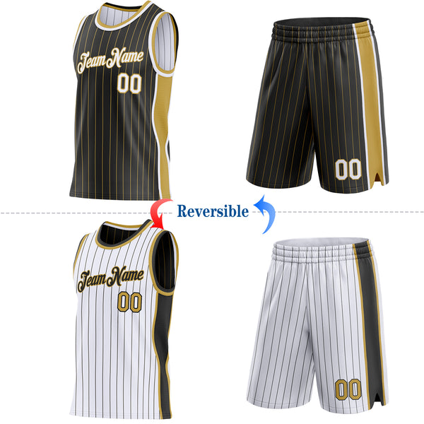 Custom Black Old Gold Pinstripe-White Side Panels Reversible Double Side Sublimation Basketball Set Jersey