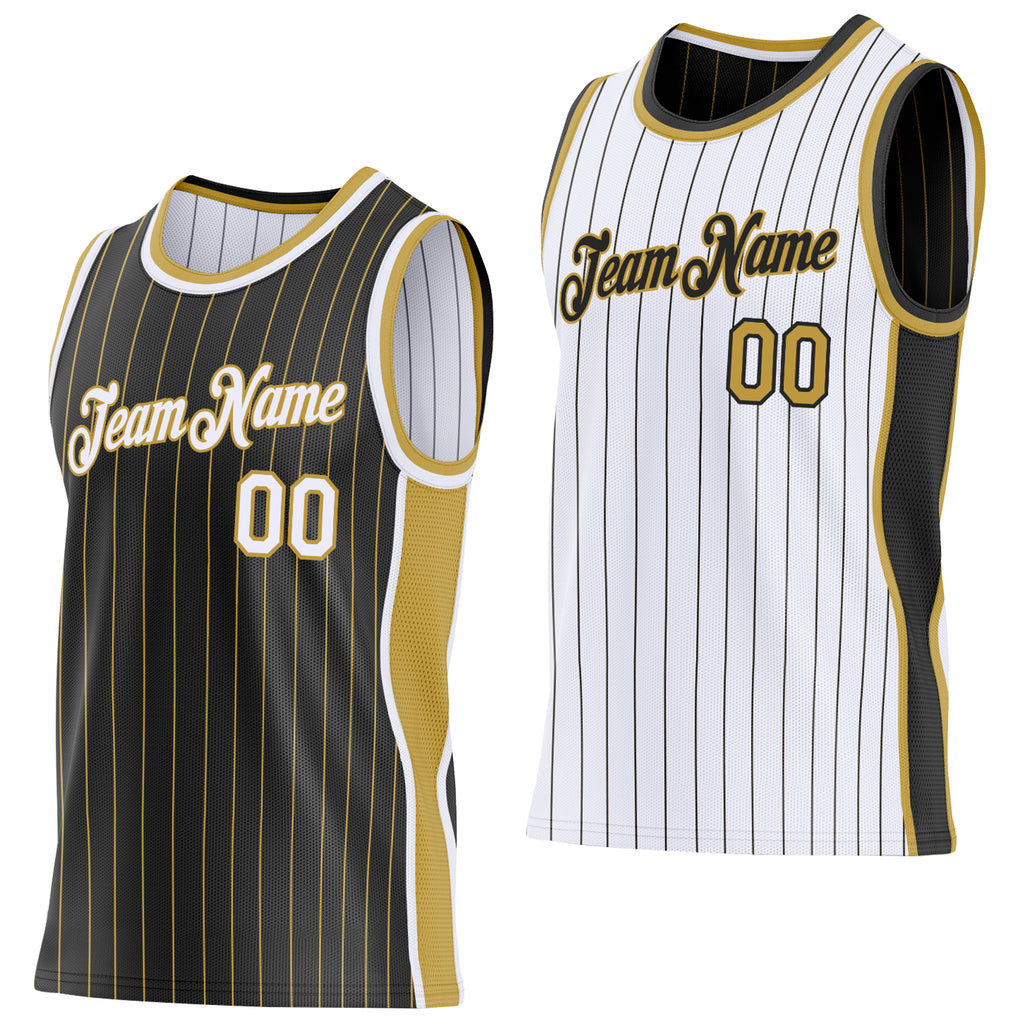 Custom Black Old Gold Pinstripe-White Side Panels Reversible Double Side Sublimation Basketball Set Jersey
