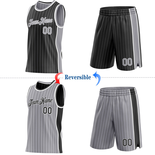 Custom Black Gray Pinstripe-White Side Panels Reversible Double Side Sublimation Basketball Set Jersey