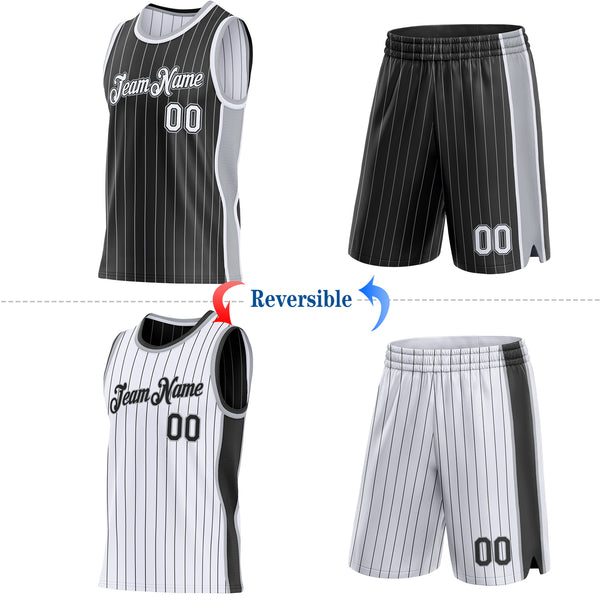 Custom Black Gray Pinstripe-White Side Panels Reversible Double Side Sublimation Basketball Set Jersey