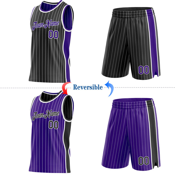 Custom Black White Pinstripe-Purple Side Panels Reversible Double Side Sublimation Basketball Set Jersey