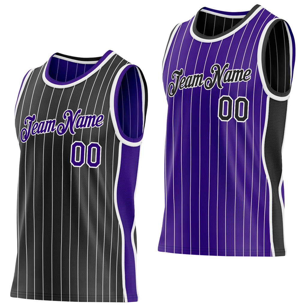 Custom Black White Pinstripe-Purple Side Panels Reversible Double Side Sublimation Basketball Set Jersey