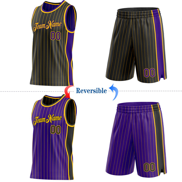 Custom Black Gold Pinstripe-Purple Side Panels Reversible Double Side Sublimation Basketball Set Jersey