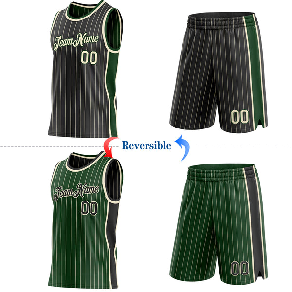 Custom Black Cream Pinstripe-Green Side Panels Reversible Double Side Sublimation Basketball Set Jersey