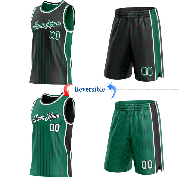 Custom Black Kelly Green Pinstripe-White Side Panels Reversible Double Side Sublimation Basketball Set Jersey