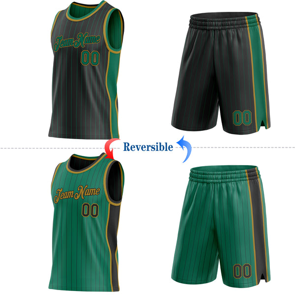 Custom Black Kelly Green Pinstripe-Old Gold Side Panels Reversible Double Side Sublimation Basketball Set Jersey