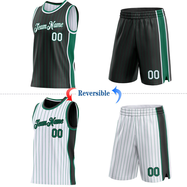 Custom Black Kelly Green Pinstripe-White Side Panels Reversible Double Side Sublimation Basketball Set Jersey