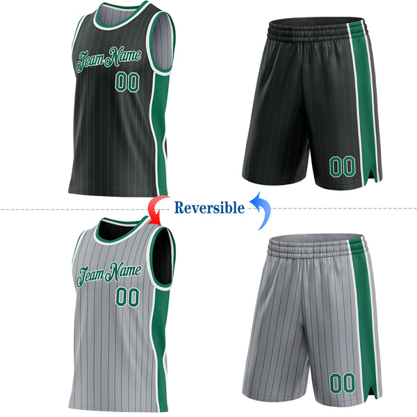 Custom Black Gray Kelly Green Pinstripe Side Panels Reversible Double Side Sublimation Basketball Set Jersey