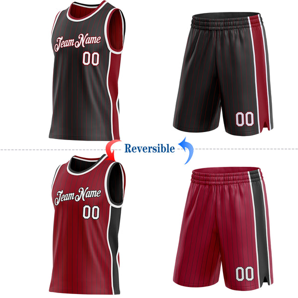 Custom Black Maroon Pinstripe-White Side Panels Reversible Double Side Sublimation Basketball Set Jersey