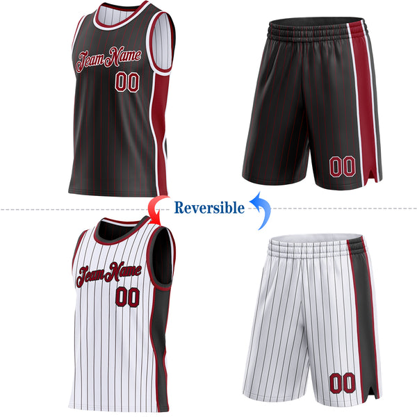 Custom Black Maroon Pinstripe-White Side Panels Reversible Double Side Sublimation Basketball Set Jersey