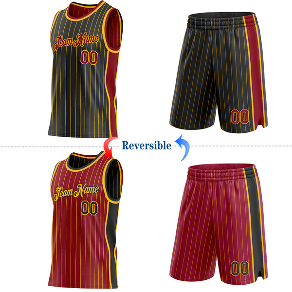 Custom Black Gold Pinstripe-Maroon Side Panels Reversible Double Side Sublimation Basketball Set Jersey