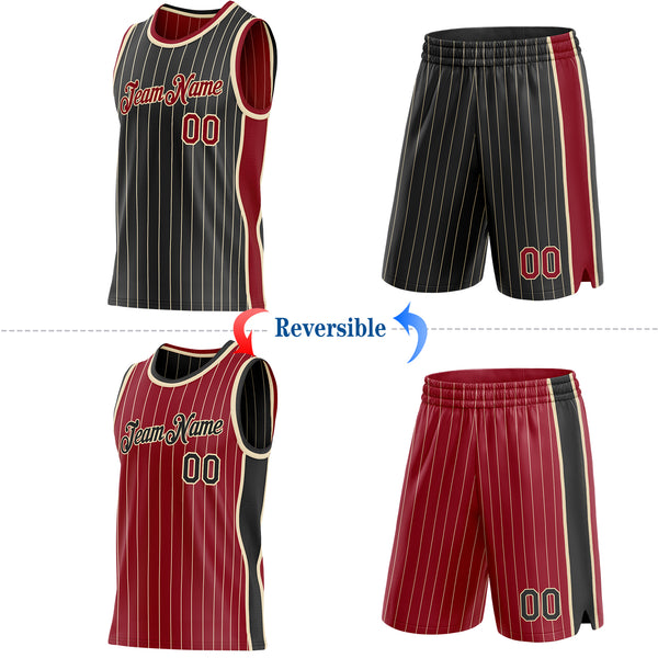 Custom Black Cream Pinstripe-Maroon Side Panels Reversible Double Side Sublimation Basketball Set Jersey