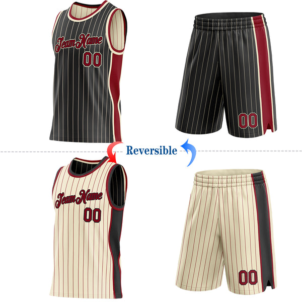 Custom Black Cream Pinstripe-Maroon Side Panels Reversible Double Side Sublimation Basketball Set Jersey