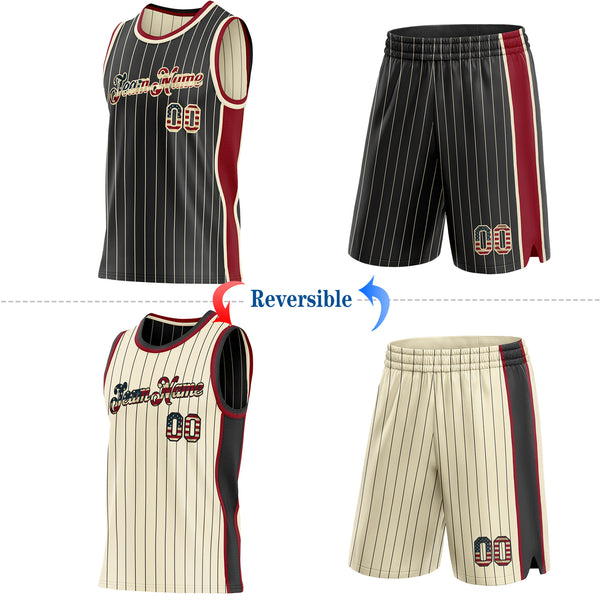 Custom Black Cream Pinstripe Vintage USA Flag-Maroon Side Panels Reversible Double Side Sublimation Basketball Set Jersey