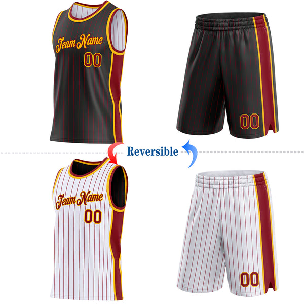 Custom Black Maroon Pinstripe-Gold Side Panels Reversible Double Side Sublimation Basketball Set Jersey