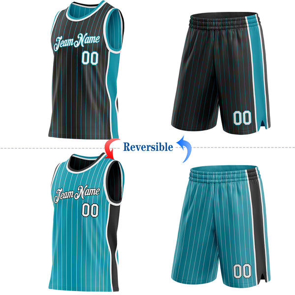 Custom Black Teal Pinstripe-White Side Panels Reversible Double Side Sublimation Basketball Set Jersey
