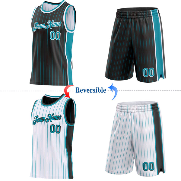 Custom Black Teal Pinstripe-White Side Panels Reversible Double Side Sublimation Basketball Set Jersey