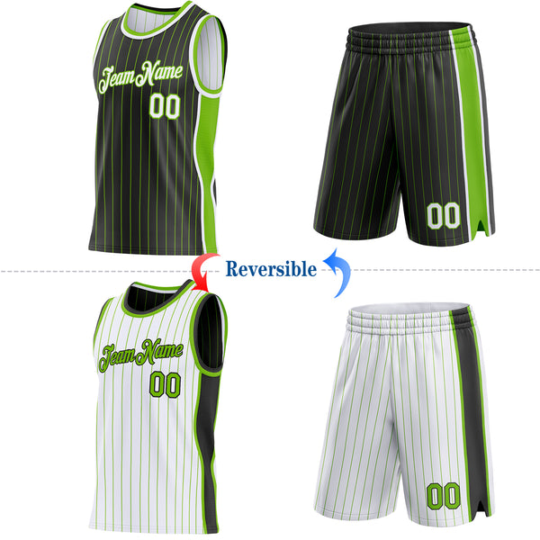 Custom Black Neon Green Pinstripe-White Side Panels Reversible Double Side Sublimation Basketball Set Jersey
