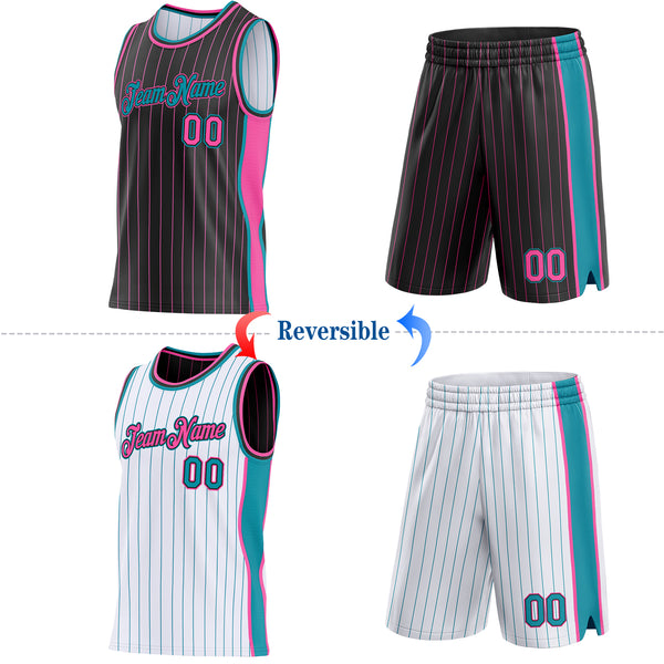 Custom Black Pink Pinstripe-Teal Side Panels Reversible Double Side Sublimation Basketball Set Jersey
