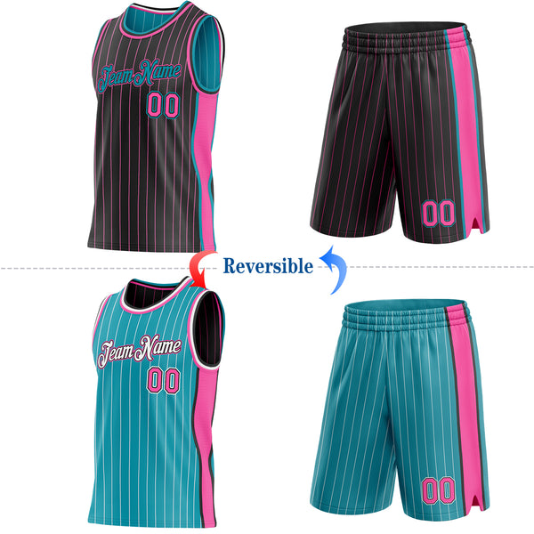 Custom Black Pink Pinstripe-Teal Side Panels Reversible Double Side Sublimation Basketball Set Jersey