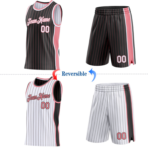 Custom Black Medium Pink Pinstripe-White Side Panels Reversible Double Side Sublimation Basketball Set Jersey
