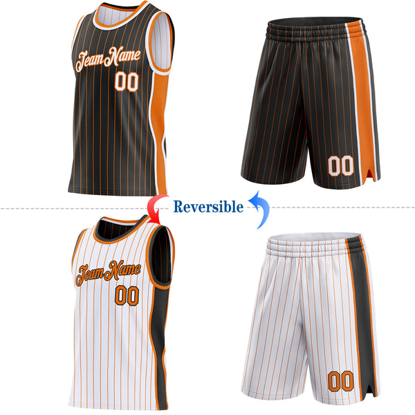 Custom Black Bay Orange Pinstripe-White Side Panels Reversible Double Side Sublimation Basketball Set Jersey