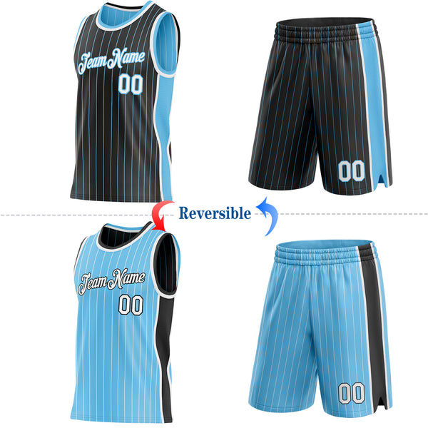 Custom Black Sky Blue Pinstripe-White Side Panels Reversible Double Side Sublimation Basketball Set Jersey