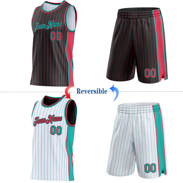 Custom Black Neon Pink Pinstripe-Aqua Side Panels Reversible Double Side Sublimation Basketball Set Jersey