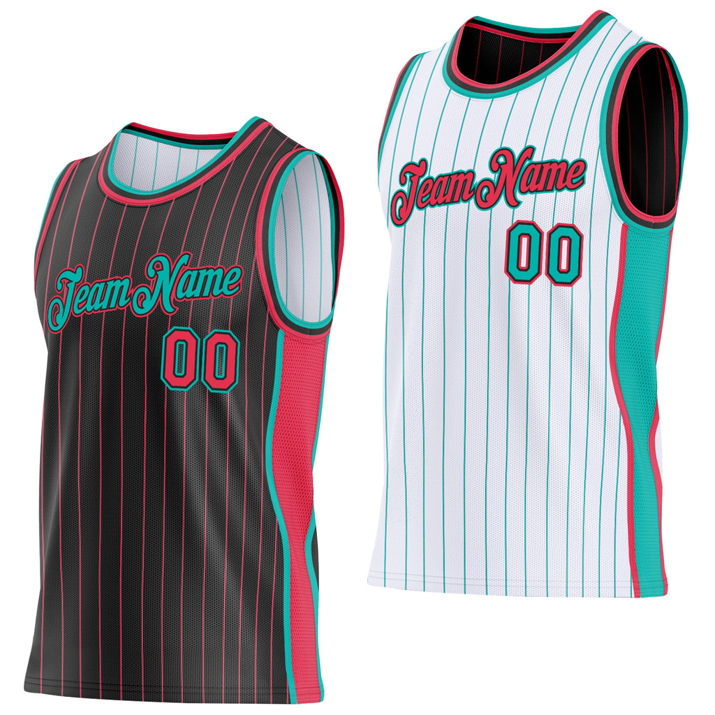 Custom Black Neon Pink Pinstripe-Aqua Side Panels Reversible Double Side Sublimation Basketball Set Jersey