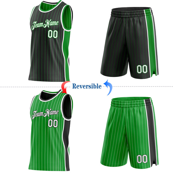 Custom Black Grass Green Pinstripe-White Side Panels Reversible Double Side Sublimation Basketball Set Jersey