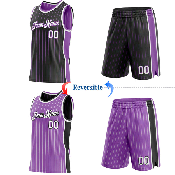 Custom Black Medium Purple Pinstripe-White Side Panels Reversible Double Side Sublimation Basketball Set Jersey