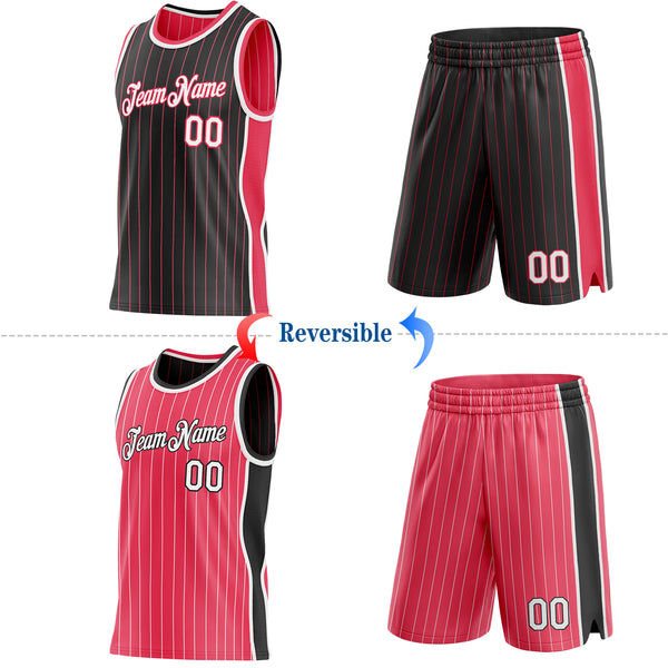 Custom Black Neon Pink Pinstripe-White Side Panels Reversible Double Side Sublimation Basketball Set Jersey