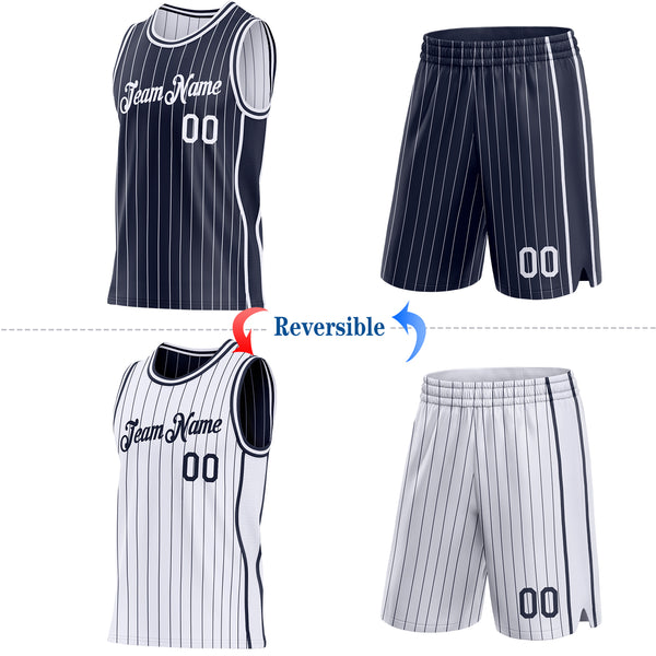 Custom Navy White Pinstripe Side Panels Reversible Double Side Sublimation Basketball Set Jersey