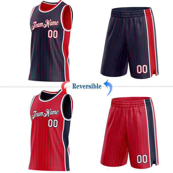 Custom Navy Red Pinstripe-White Side Panels Reversible Double Side Sublimation Basketball Set Jersey