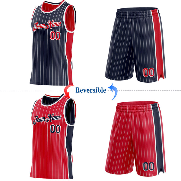 Custom Navy White Pinstripe-Red Side Panels Reversible Double Side Sublimation Basketball Set Jersey