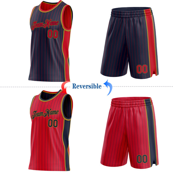 Custom Navy Red Pinstripe-Old Gold Side Panels Reversible Double Side Sublimation Basketball Set Jersey