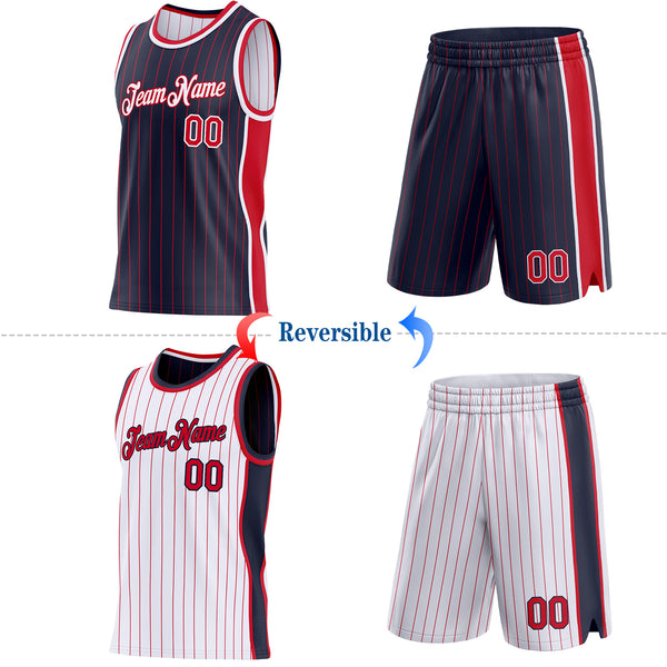 Custom Navy Red Pinstripe-White Side Panels Reversible Double Side Sublimation Basketball Set Jersey