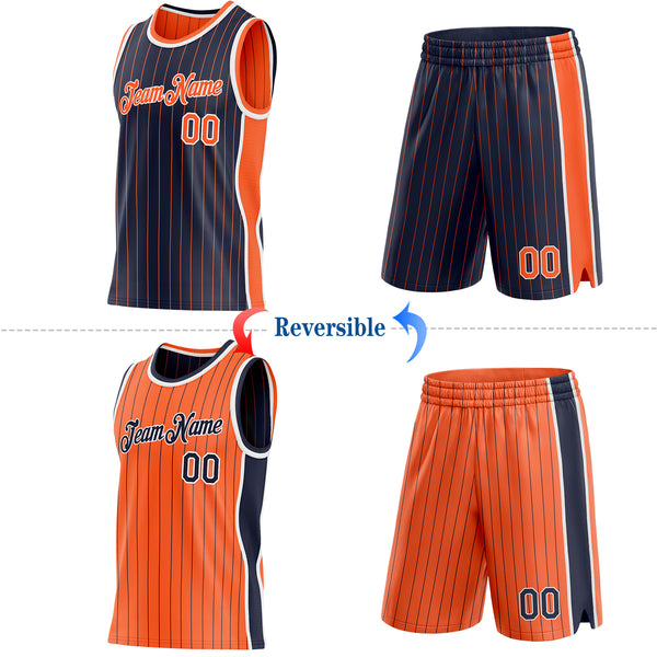 Custom Navy Orange Pinstripe-White Side Panels Reversible Double Side Sublimation Basketball Set Jersey