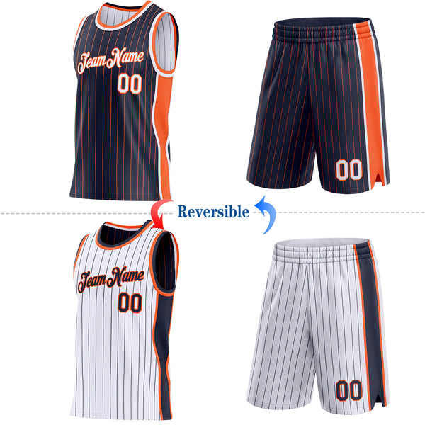 Custom Navy Orange Pinstripe-White Side Panels Reversible Double Side Sublimation Basketball Set Jersey